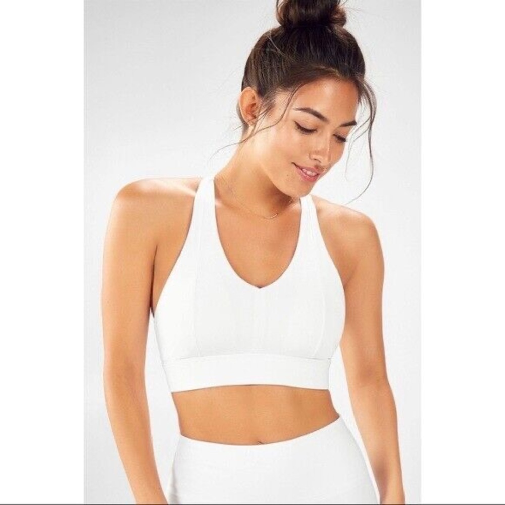 White fabletics sports bra